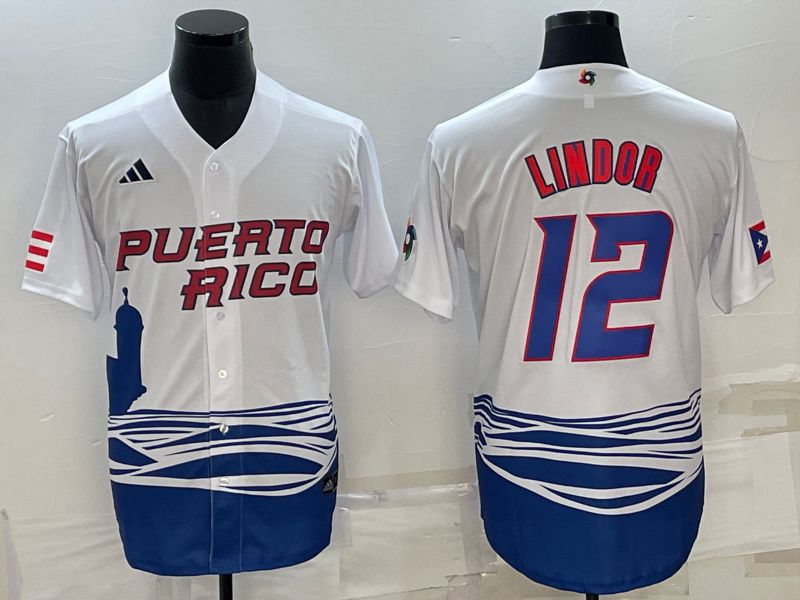 Men 2023 World Cub #12 Lindor White MLB Jersey7->more jerseys->MLB Jersey